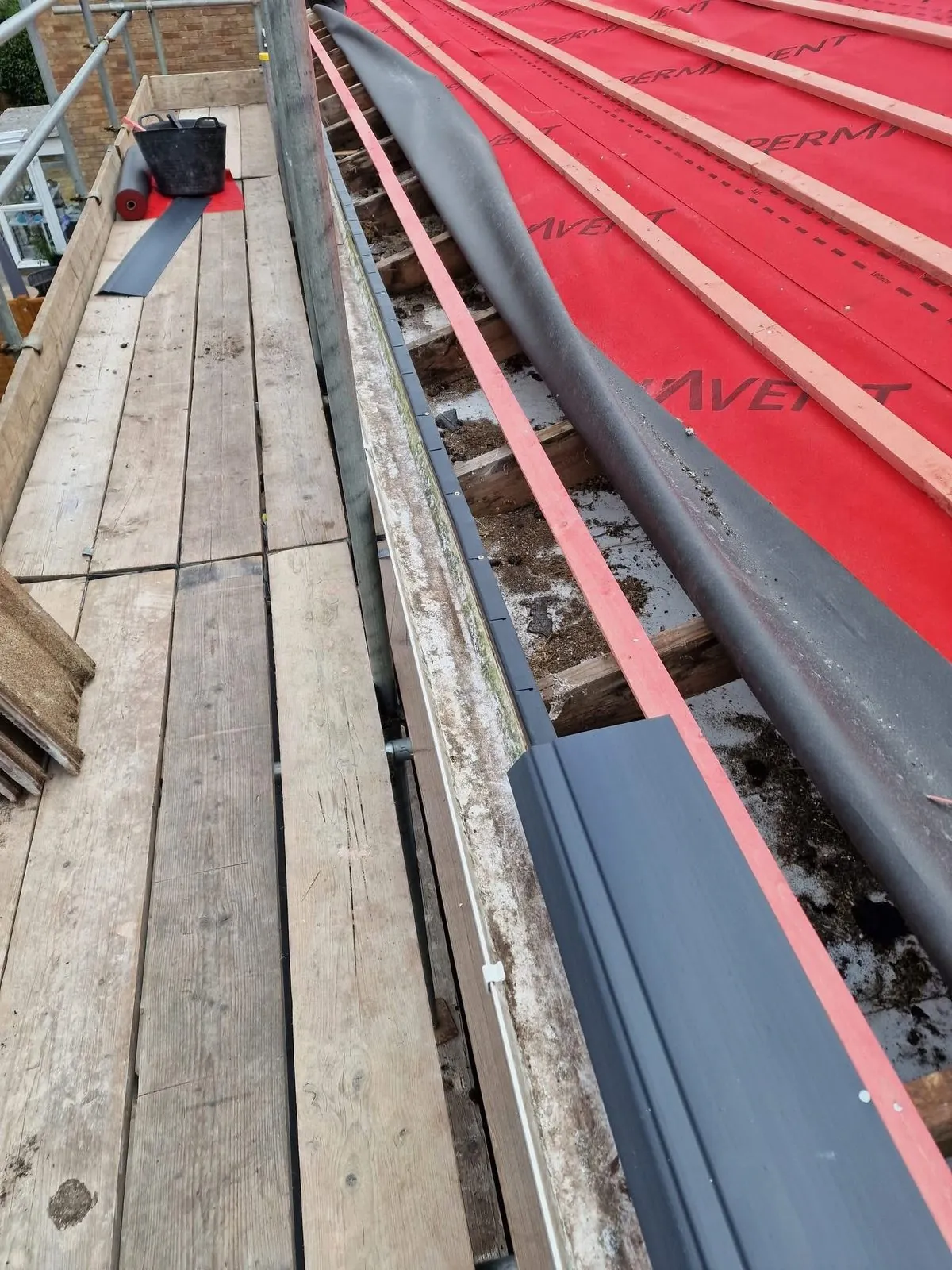 Breathable membrane and battens fitted during a re-roof in Porthleven